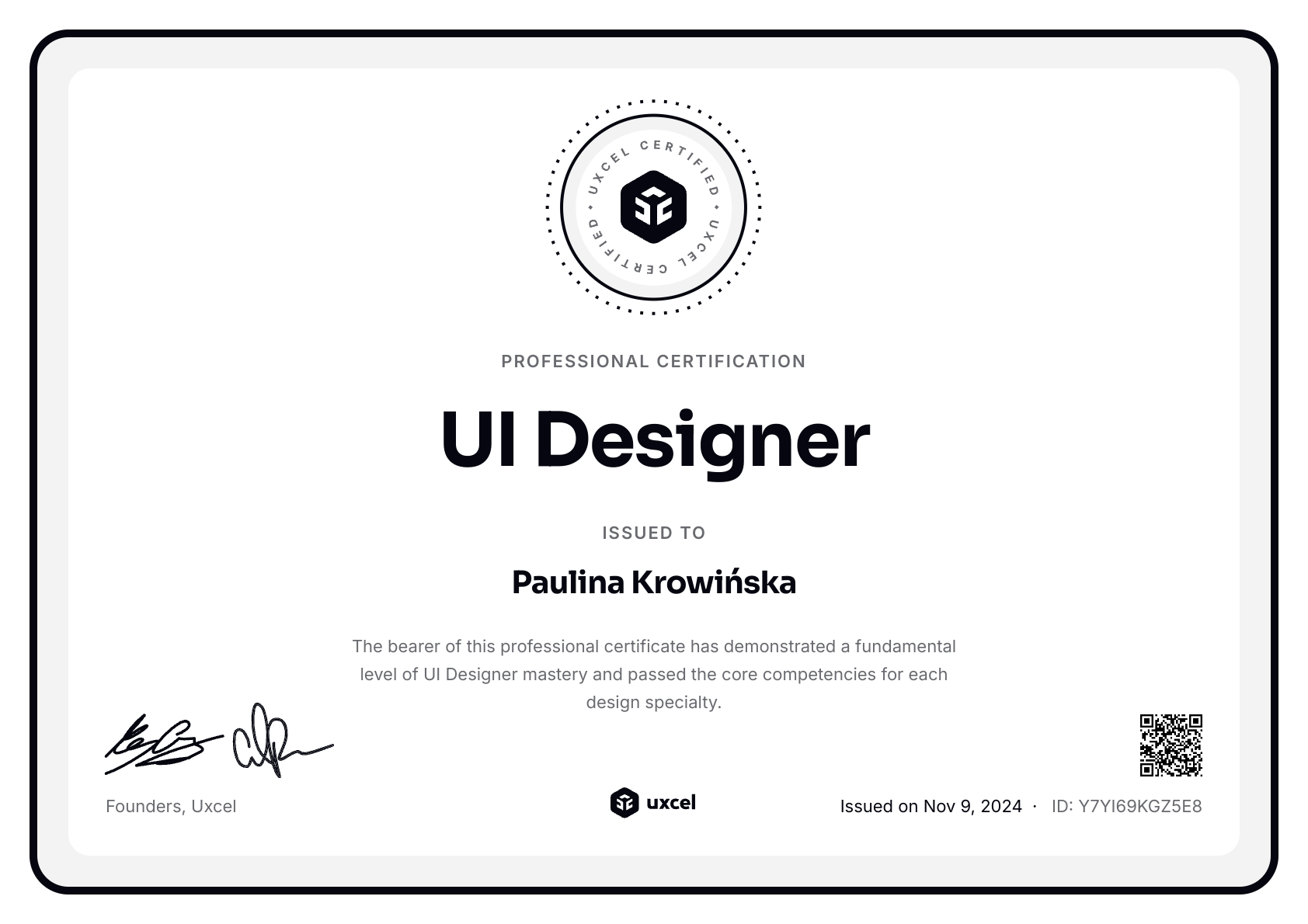 Paulina Krowińska's certificate